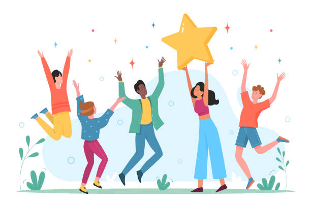 Happy people celebrate success achievement with joy. Fun group of adult friends or collegues win, persons jump with star together on informal party flat vector illustration. Goal, friendship concept